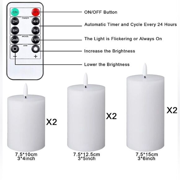 White flameless candles.  Set of six white LED with remote & timer. NWT - Picture 2 of 6